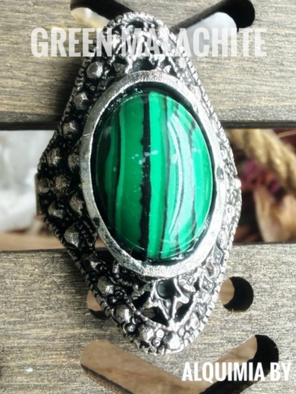 Adjustable Silver and Rhodium Blend Ring with Green MALACHITE